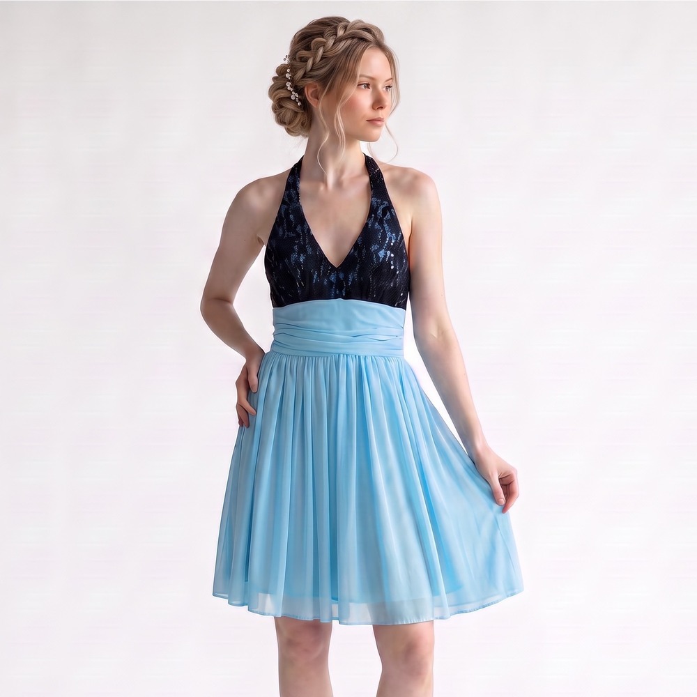 B. Darlin Formal Halter Dress Size 7/8 Blue Black Sequin Homecoming Cocktail NWT